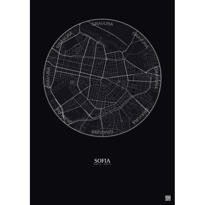 Affiche Sofia – Poster carte de ville 2.5km | Gravura – Fond foncé