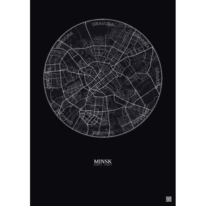 Affiche Minsk – Poster carte de ville 6km | Gravura – Fond foncé