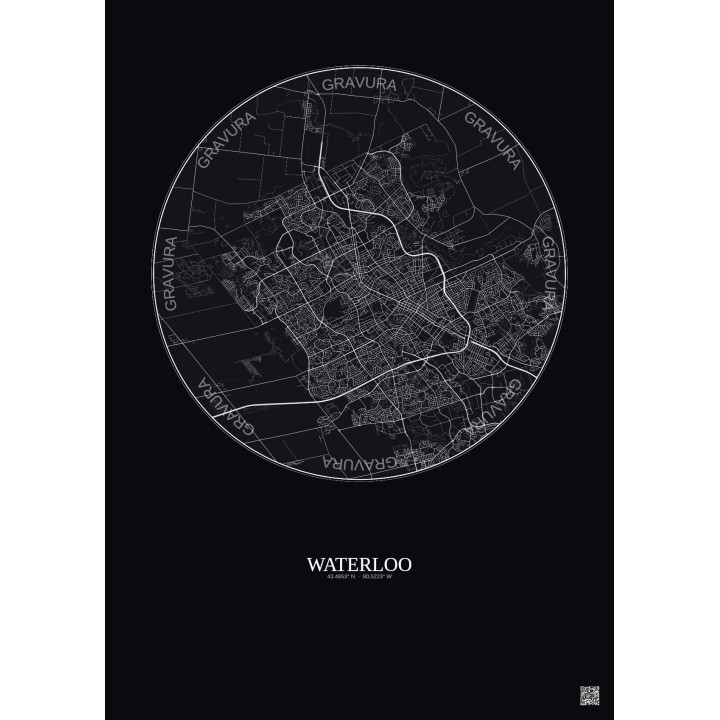 Affiche Waterloo – Poster carte de ville 10km | Gravura – Fond foncé