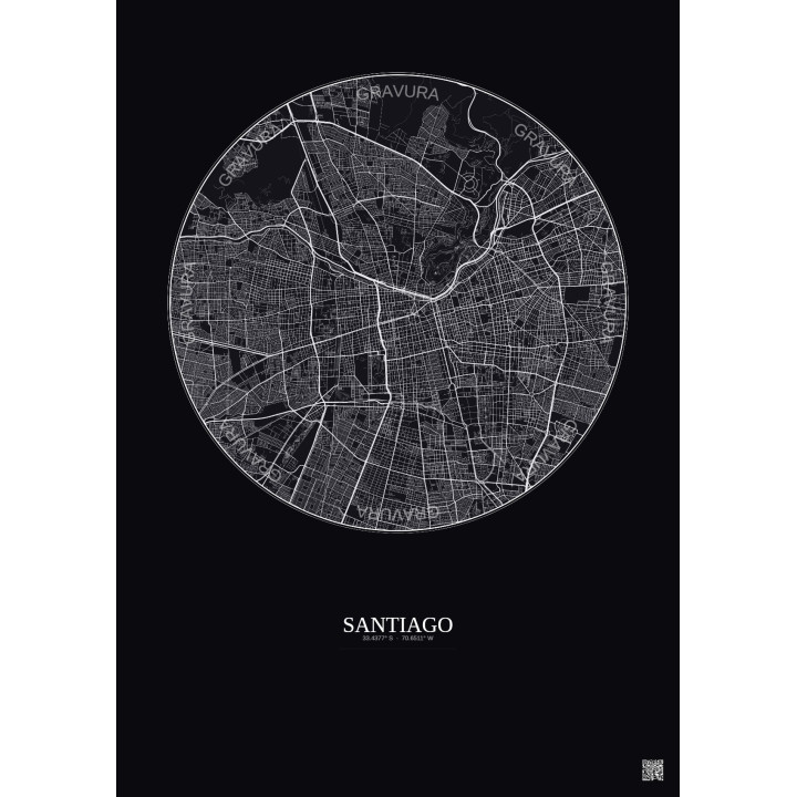 Santiago City Map Poster 10km | Gravura – Dark background
