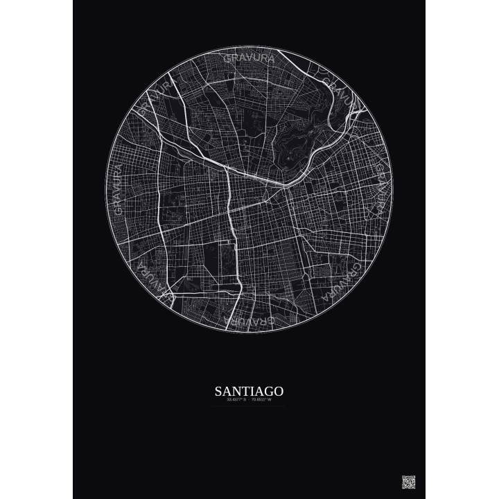 Affiche Santiago – Poster carte de ville 6km | Gravura – Fond foncé