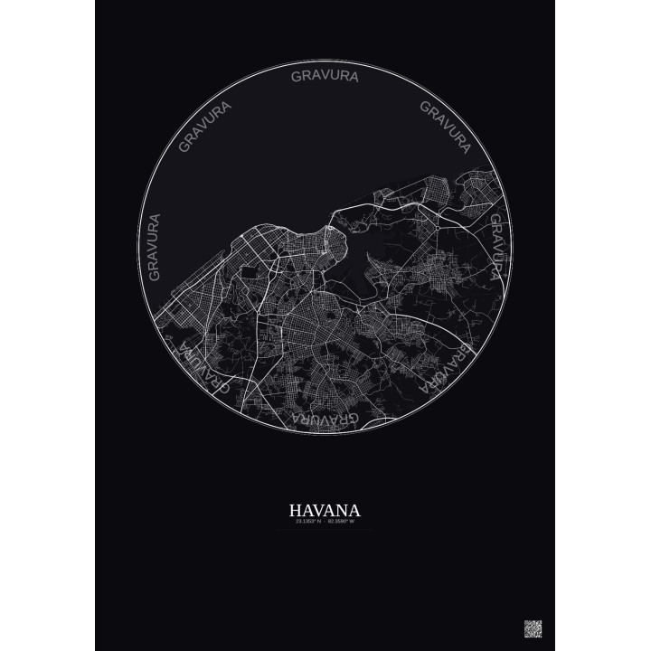 Affiche Havana – Poster carte de ville 10km | Gravura – Fond foncé