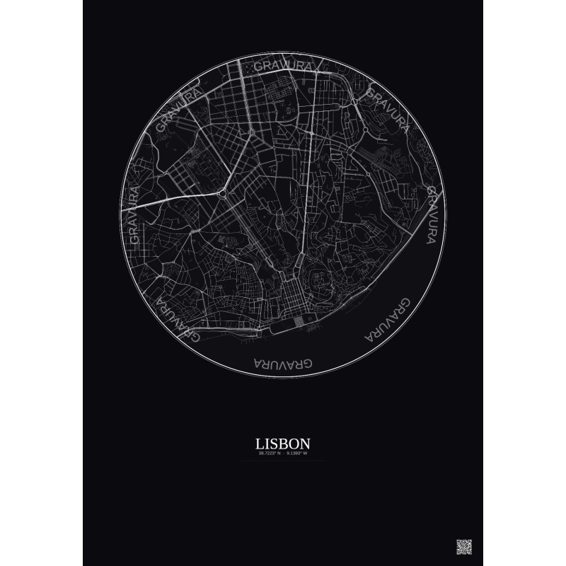 Affiche Lisbon – Poster carte de ville 2.5km | Gravura – Fond foncé