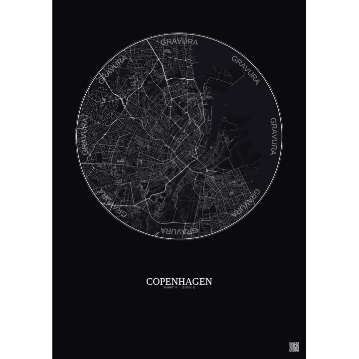 Affiche Copenhagen – Poster carte de ville 6km | Gravura – Fond foncé