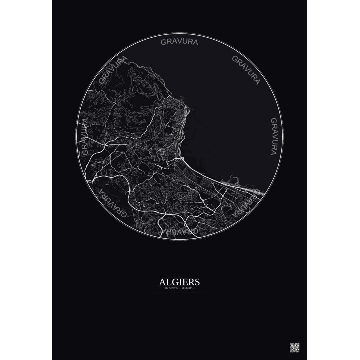 Algiers City Map Poster 6km | Gravura – Dark background