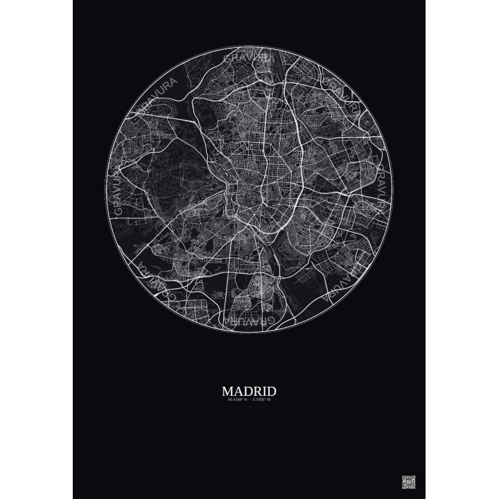 Affiche Madrid – Poster carte de ville 10km | Gravura – Fond foncé