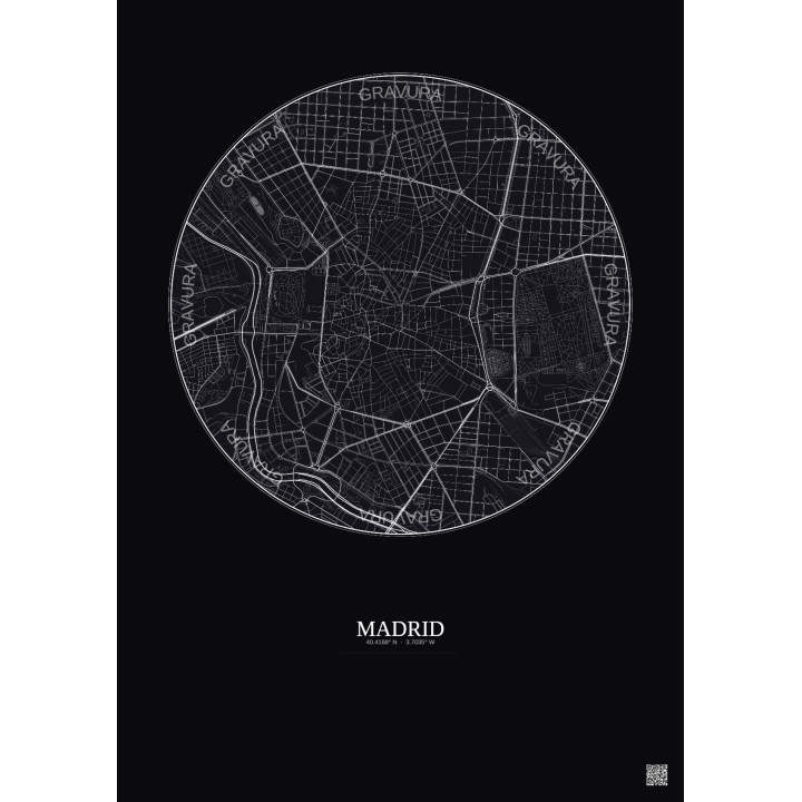 Affiche Madrid – Poster carte de ville 2.5km | Gravura – Fond foncé