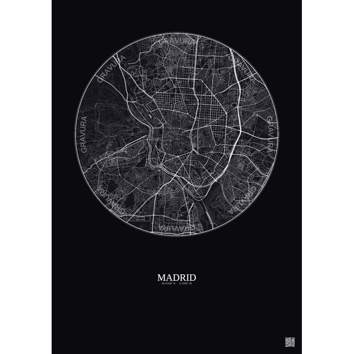 Madrid City Map Poster 6km | Gravura – Dark background