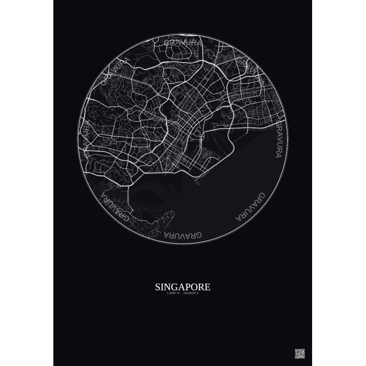 Affiche Singapore – Poster carte de ville 6km | Gravura – Fond foncé