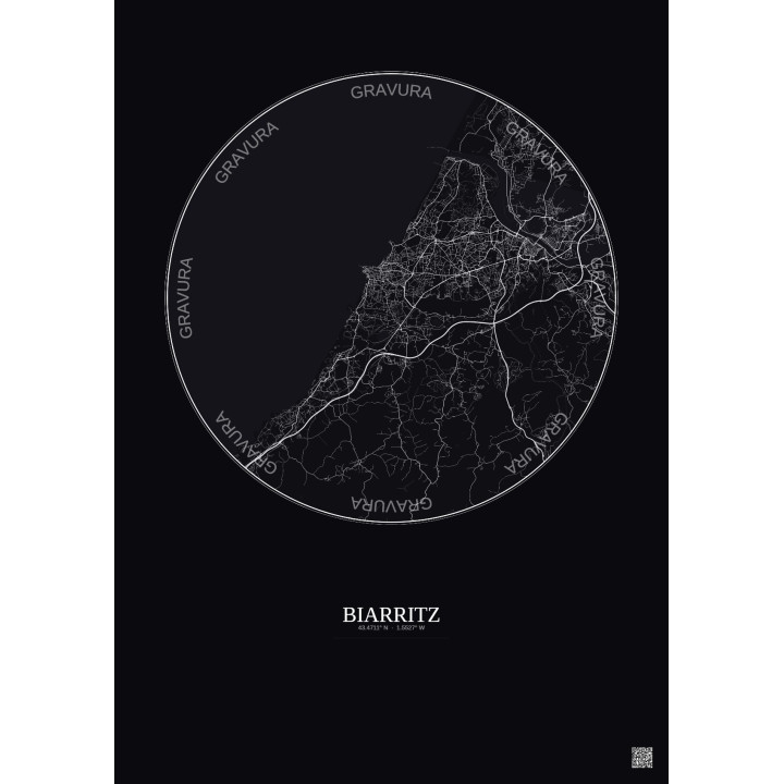 Affiche Biarritz – Poster carte de ville 10km | Gravura – Fond foncé