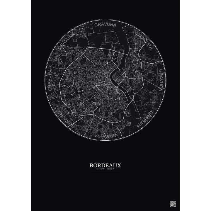 Affiche Bordeaux – Poster carte de ville 10km | Gravura – Fond foncé
