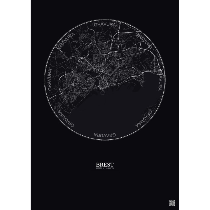 Affiche Brest – Poster carte de ville 6km | Gravura – Fond foncé