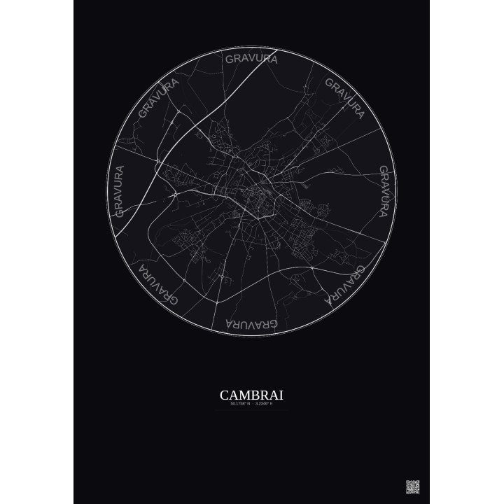 Cambrai City Map Poster 5km | Gravura – Dark background