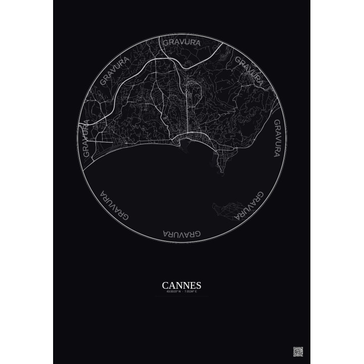 Affiche Cannes – Poster carte de ville 5km | Gravura – Fond foncé
