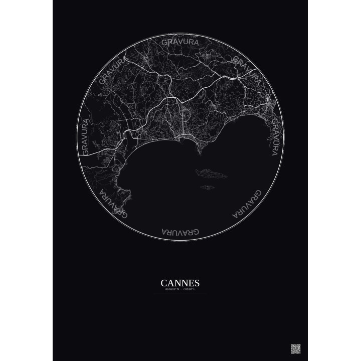 Affiche Cannes – Poster carte de ville 10km | Gravura – Fond foncé