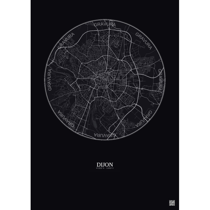 Dijon City Map Poster 5km | Gravura – Dark background