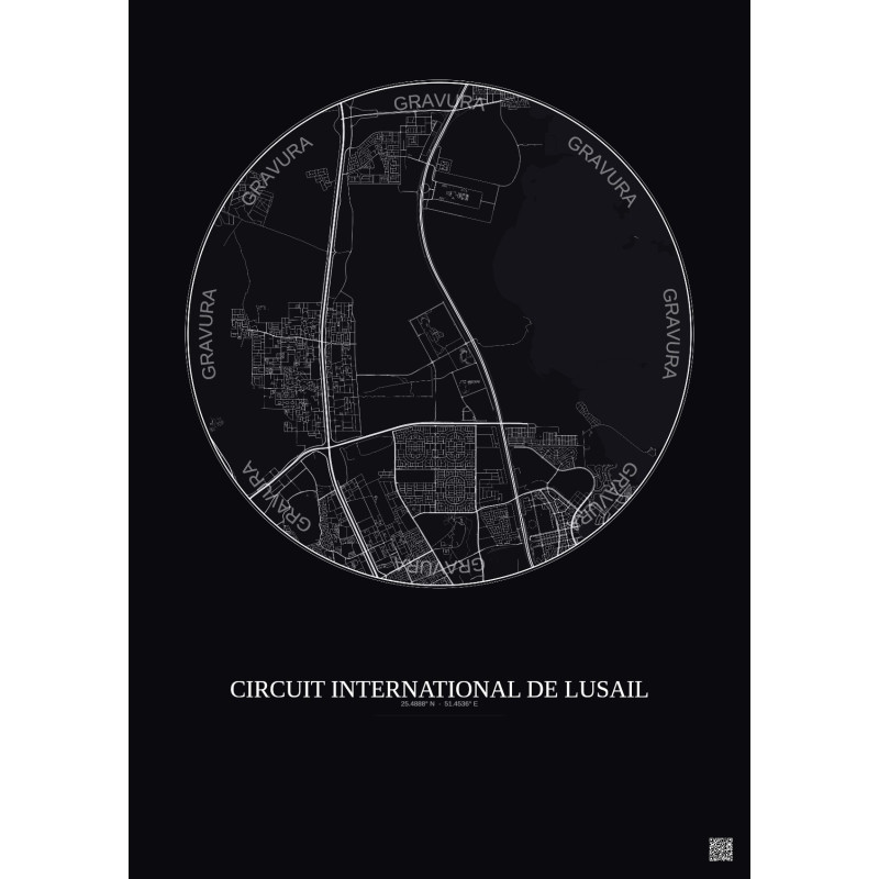 Affiche Circuit International De Lusail – Poster carte de ville 10km | Gravura – Fond foncé