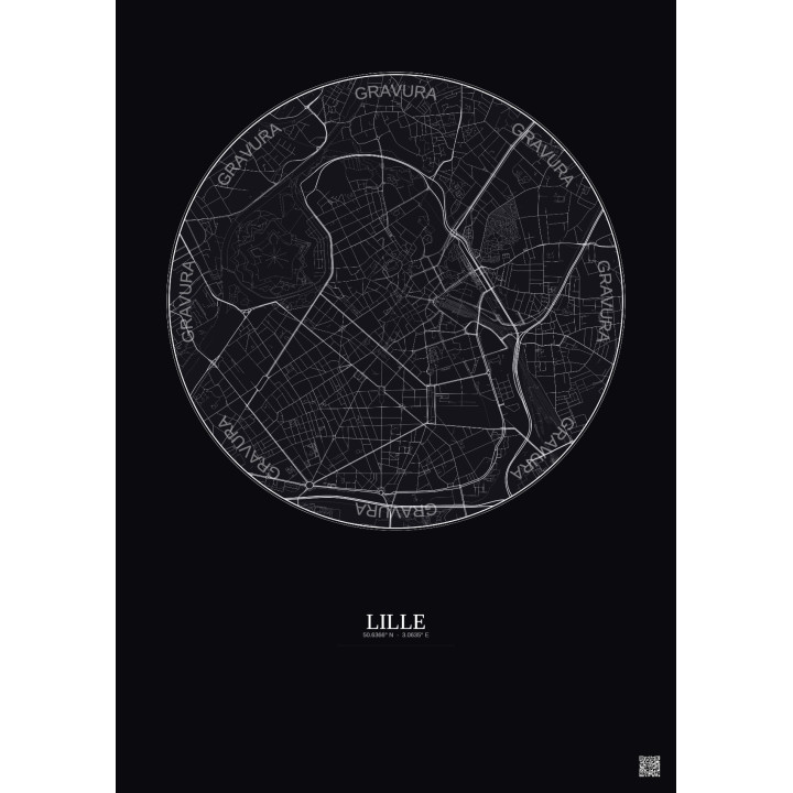 Affiche Lille – Poster carte de ville 2.5km | Gravura – Fond foncé