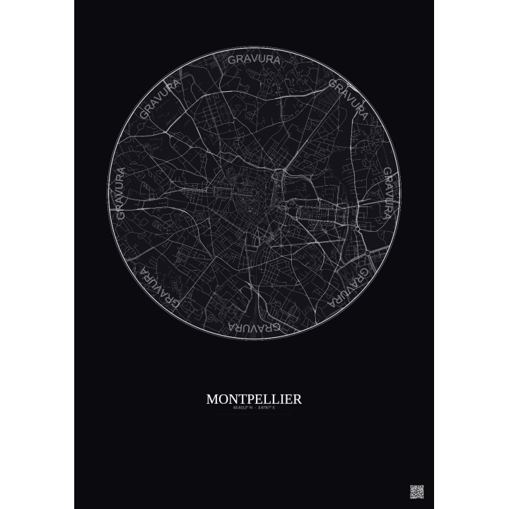 Affiche Montpellier – Poster carte de ville 2.5km | Gravura – Fond foncé