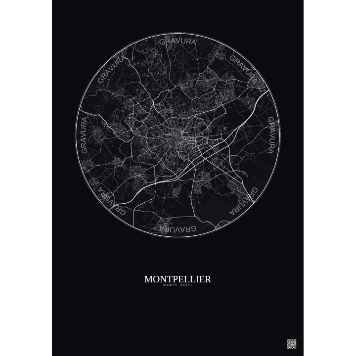 Affiche Montpellier – Poster carte de ville 10km | Gravura – Fond foncé