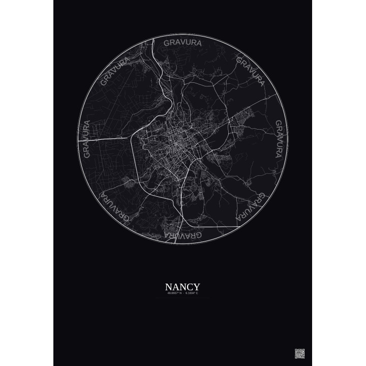 Affiche Nancy – Poster carte de ville 10km | Gravura – Fond foncé