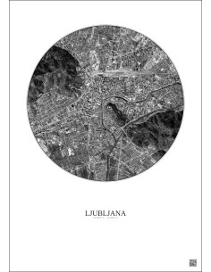 Affiche Ljubljana – Poster vue satellite 2.5km N&B | Gravura – Fond clair 2