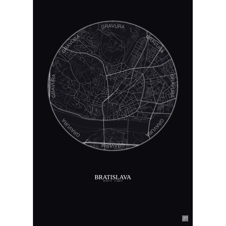 Affiche Bratislava – Poster carte de ville 2.5km | Gravura – Fond foncé