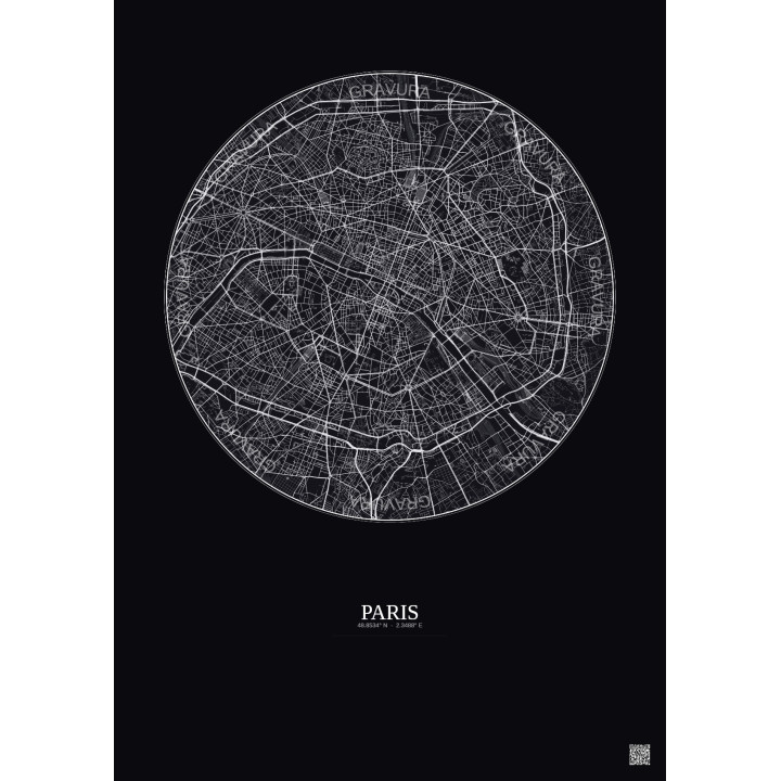 Affiche Paris – Poster carte de ville 6km | Gravura – Fond foncé