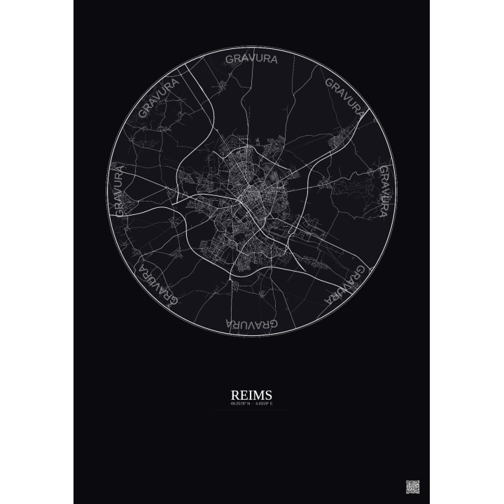 Affiche Reims – Poster carte de ville 10km | Gravura – Fond foncé