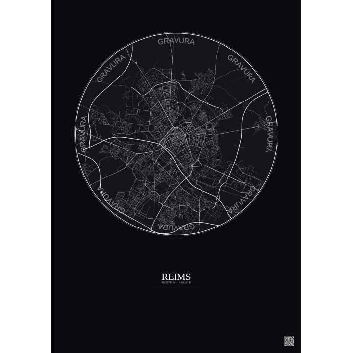 Affiche Reims – Poster carte de ville 6km | Gravura – Fond foncé