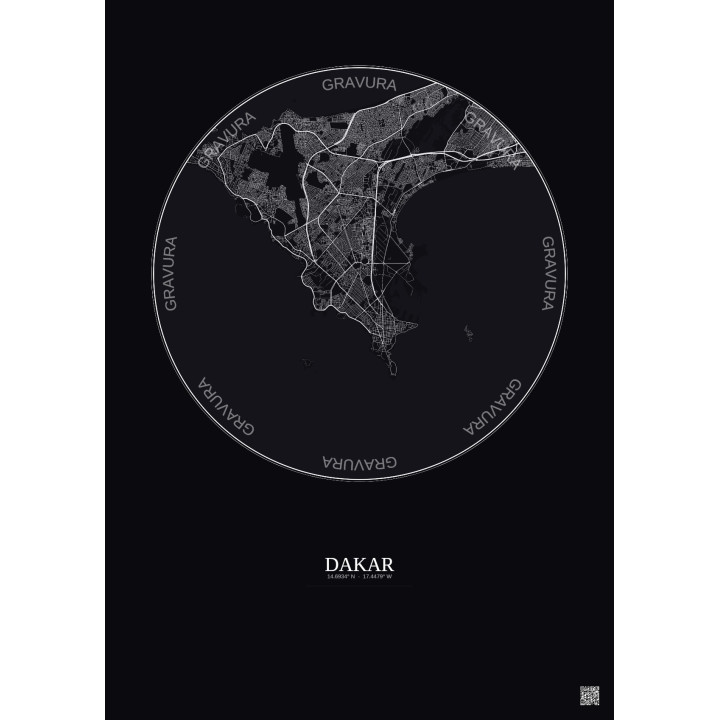 Affiche Dakar – Poster carte de ville 10km | Gravura – Fond foncé