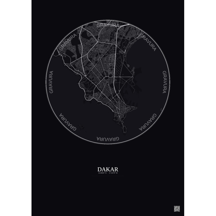 Affiche Dakar – Poster carte de ville 6km | Gravura – Fond foncé