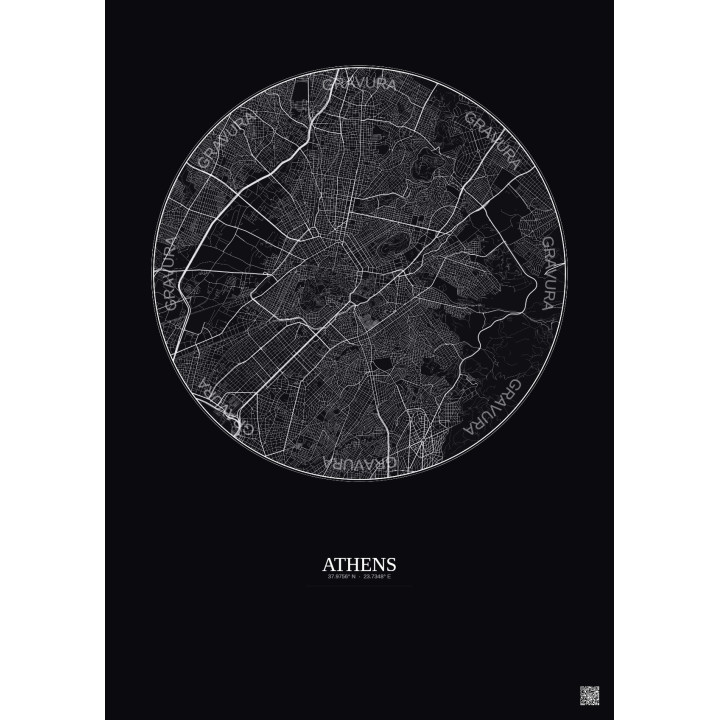 Affiche Athens – Poster carte de ville 6km | Gravura – Fond foncé