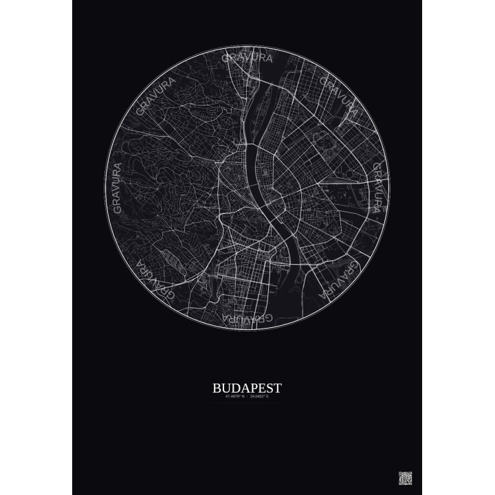 Affiche Budapest – Poster carte de ville 6km | Gravura – Fond foncé
