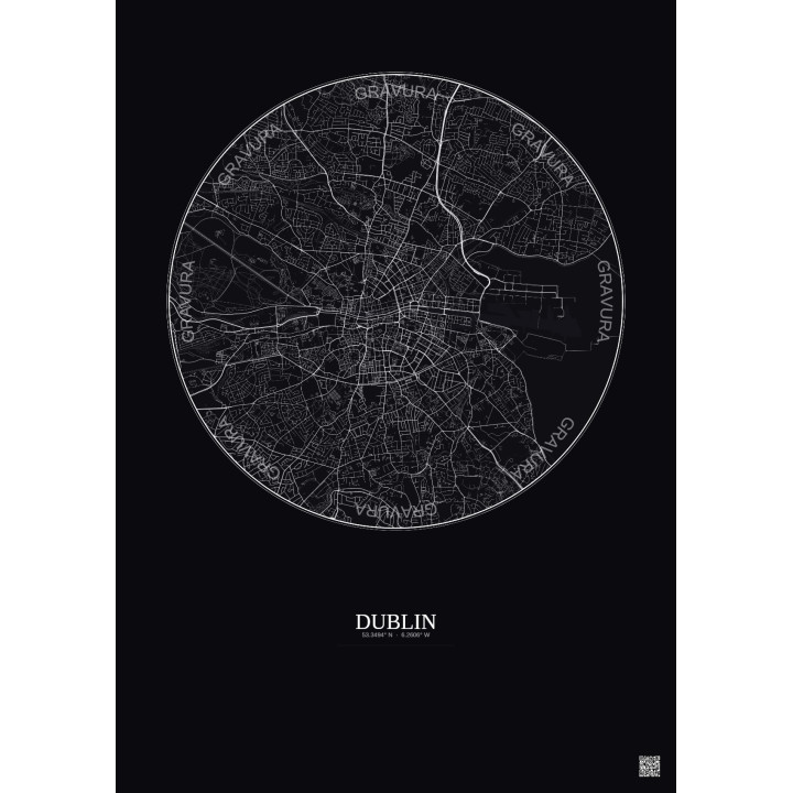 Affiche Dublin – Poster carte de ville 6km | Gravura – Fond foncé