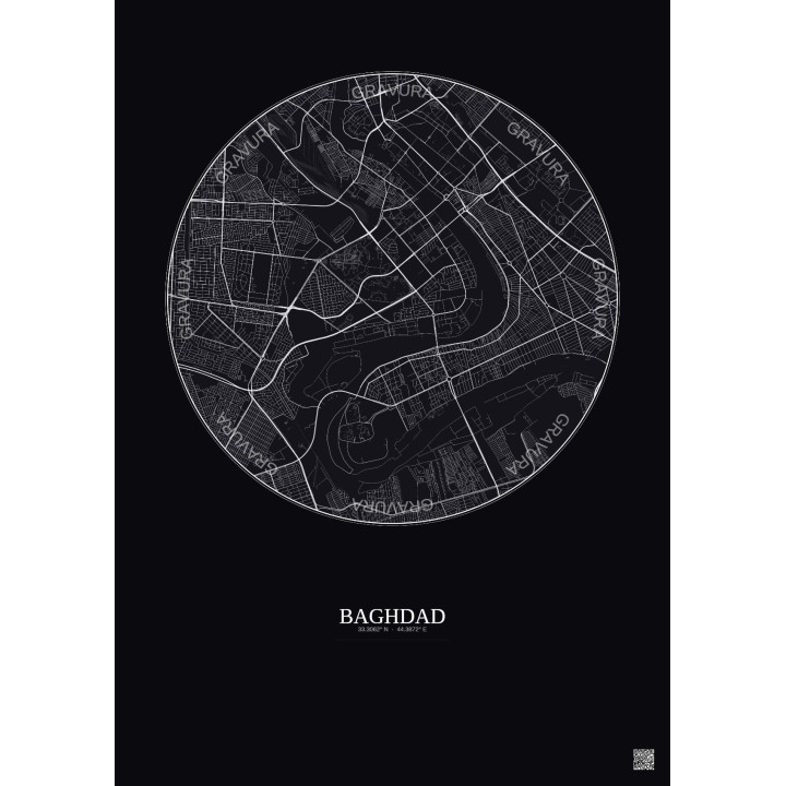 Affiche Baghdad – Poster carte de ville 6km | Gravura – Fond foncé