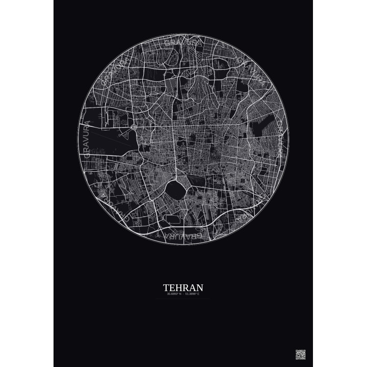 Affiche Tehran – Poster carte de ville 10km | Gravura – Fond foncé