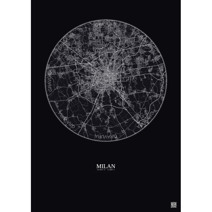 Affiche Milan – Poster carte de ville 20km | Gravura – Fond foncé