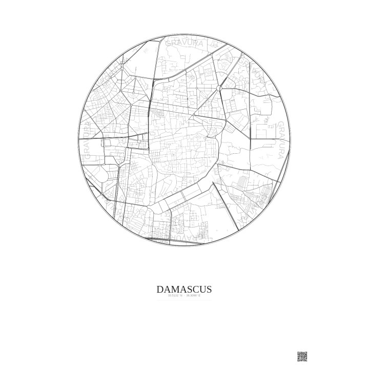 Affiche Damascus – Poster carte de ville 2.5km | Gravura – Fond clair