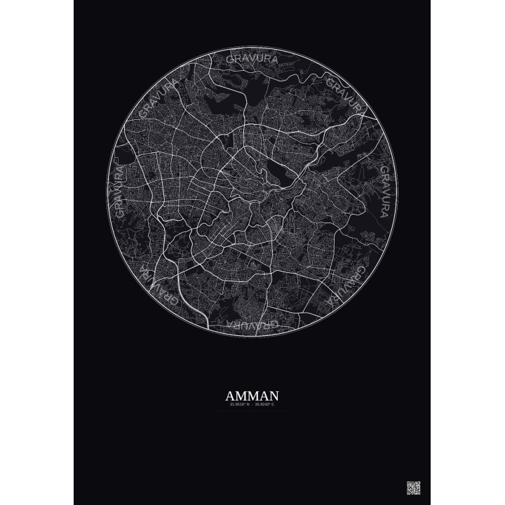 Affiche Amman – Poster carte de ville 10km | Gravura – Fond foncé