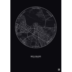 Affiche Belgrade – Poster carte de ville 6km | Gravura – Fond foncé