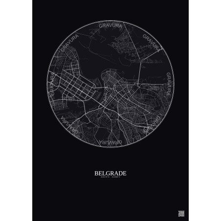 Affiche Belgrade – Poster carte de ville 6km | Gravura – Fond foncé