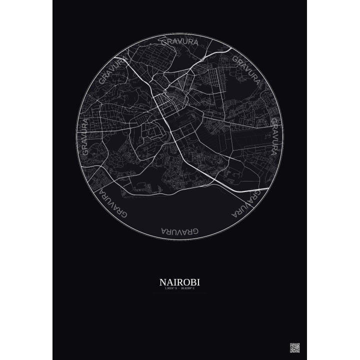 Affiche Nairobi – Poster carte de ville 6km | Gravura – Fond foncé