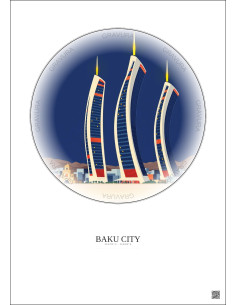 Affiche Baku City – Poster illustration vintage – Most Iconic Landmark Of Baku City | Gravura – Fond clair 2
