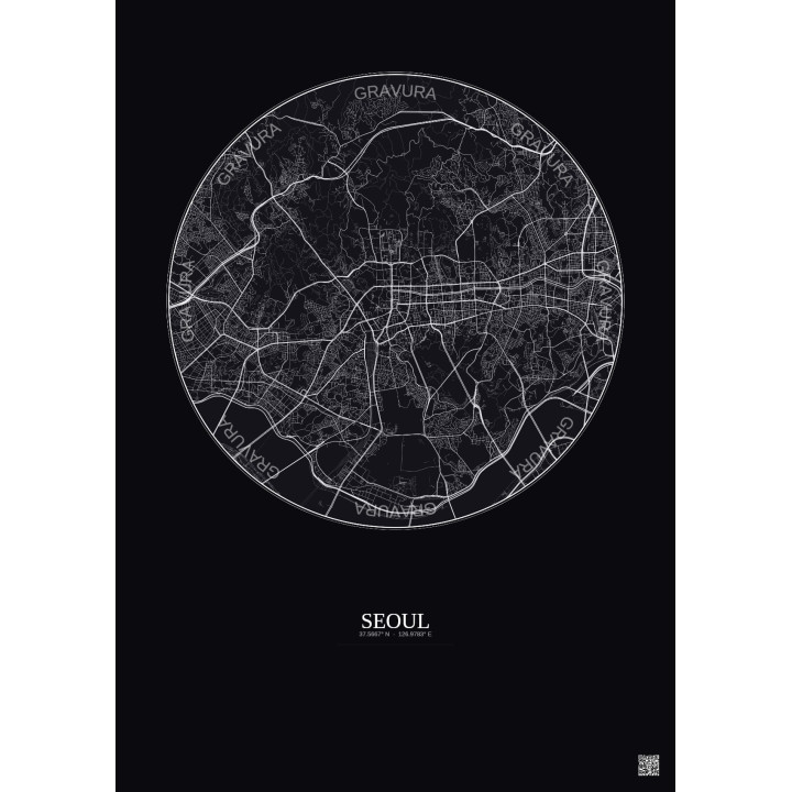 Affiche Seoul – Poster carte de ville 6km | Gravura – Fond foncé