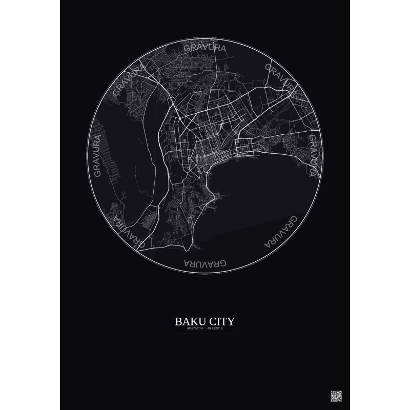 Affiche Baku City – Poster carte de ville 10km | Gravura – Fond foncé