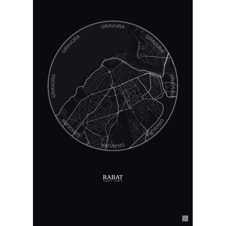 Rabat City Map Poster 2.5km | Gravura – Dark background