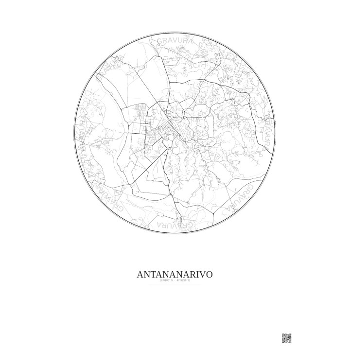 Affiche Antananarivo – Poster carte de ville 6km | Gravura – Fond clair