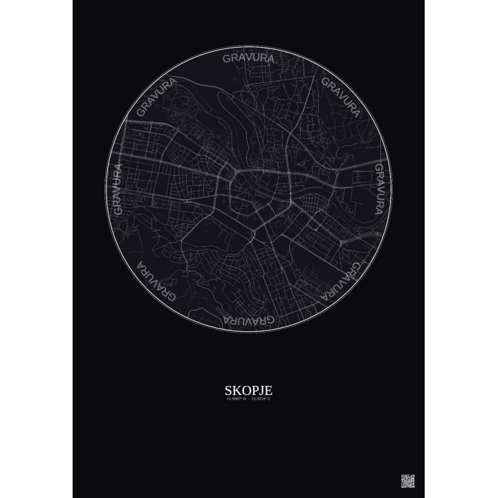 Affiche Skopje – Poster carte de ville 2.5km | Gravura – Fond foncé