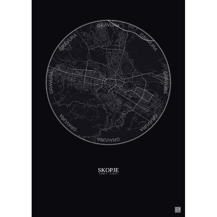 Affiche Skopje – Poster carte de ville 6km | Gravura – Fond foncé